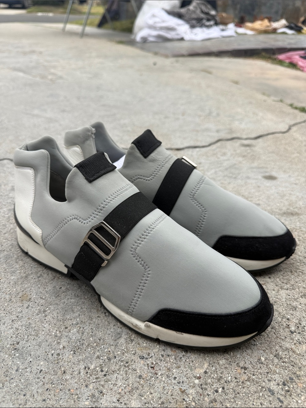 Hermes Men's Slip-On Sneakers in Light Gray and Black with Buckle Strap
